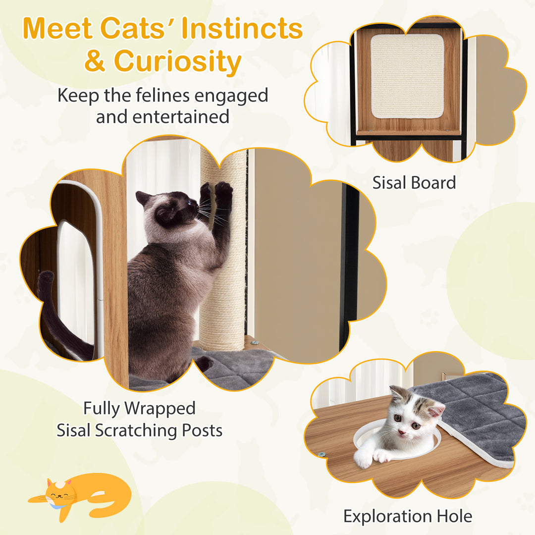 Modern Cat Tree Cat House with Metal Frame and Scratching Posts-Natural
