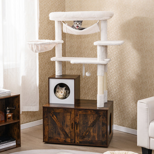 Cat Tree with Litter Box Enclosure for Indoor Cats-Rustic Brown