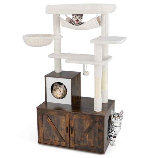 Cat Tree with Litter Box Enclosure for Indoor Cats-Rustic Brown