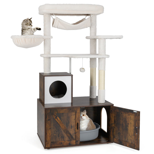 Cat Tree with Litter Box Enclosure for Indoor Cats-Rustic Brown