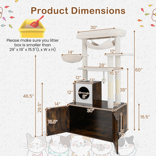 Cat Tree with Litter Box Enclosure for Indoor Cats-Rustic Brown