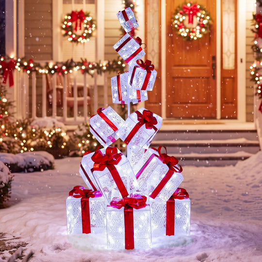 Christmas Lighted Gift Boxes with 483 Cold White LED Lights and 8 Ground Stakes for Yard-White