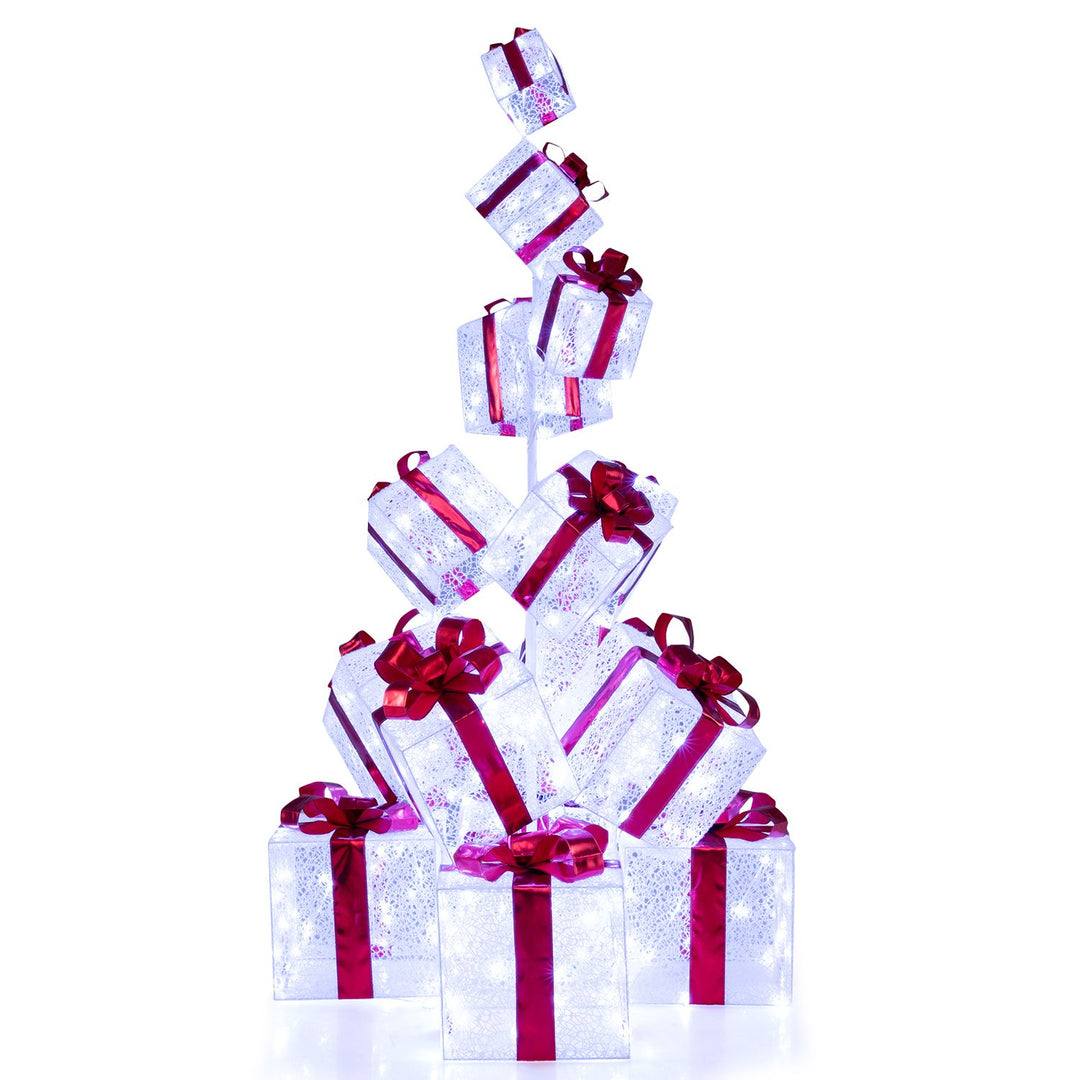 Christmas Lighted Gift Boxes with 483 Cold White LED Lights and 8 Ground Stakes for Yard-White