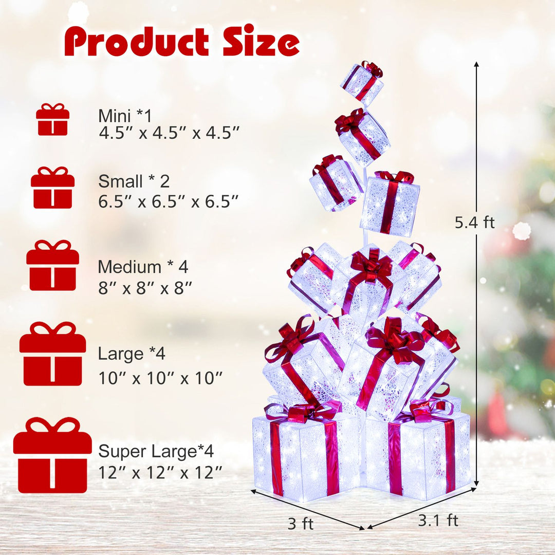 Christmas Lighted Gift Boxes with 483 Cold White LED Lights and 8 Ground Stakes for Yard-White