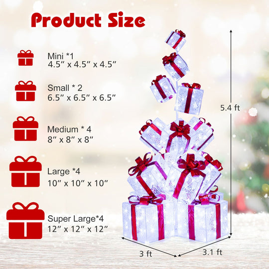 Christmas Lighted Gift Boxes with 483 Cold White LED Lights and 8 Ground Stakes for Yard-White