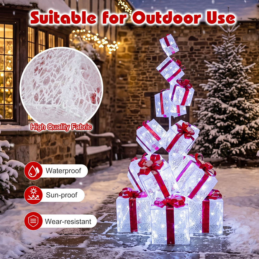 Christmas Lighted Gift Boxes with 483 Cold White LED Lights and 8 Ground Stakes for Yard-White
