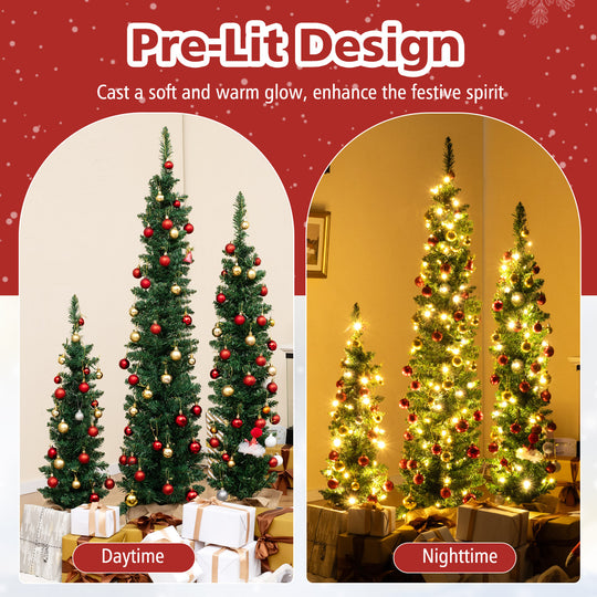 Set of 3 Pre-Lit Artificial Christmas Trees with 415 Green Branch Tips