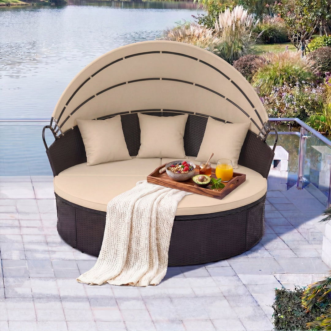 Round Patio Daybed with Retractable Canopy and Cushions