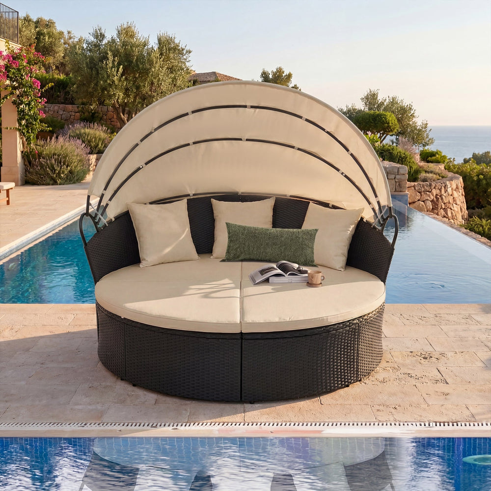 Round Patio Daybed with Retractable Canopy and Cushions