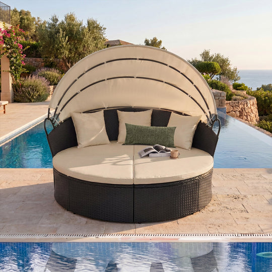Round Patio Daybed with Retractable Canopy and Cushions