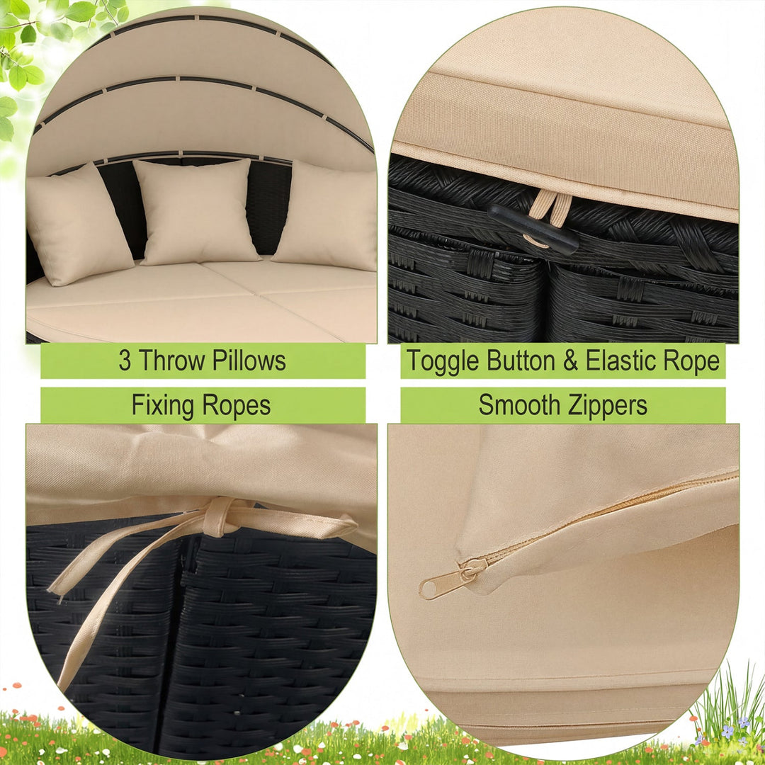 Round Patio Daybed with Retractable Canopy and Cushions
