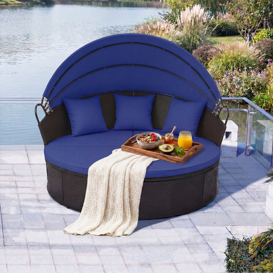 Round Patio Daybed with Retractable Canopy and Cushions