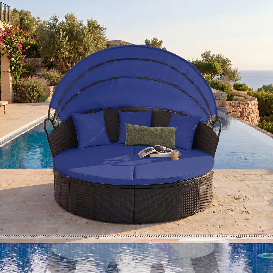 Round Patio Daybed with Retractable Canopy and Cushions