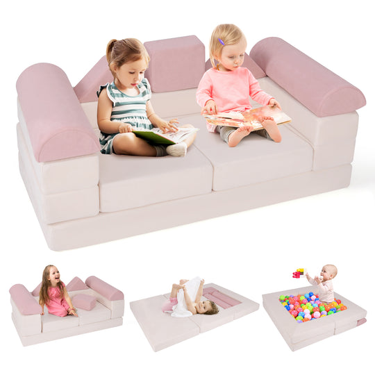 9-Piece Climb and Crawl Foam and Floor Playset with Breathable Suede Fabric-Pink