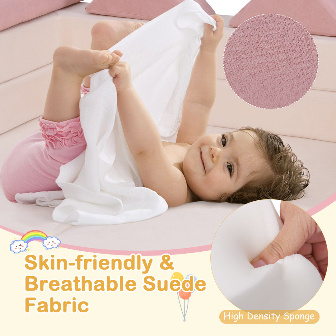 9-Piece Climb and Crawl Foam and Floor Playset with Breathable Suede Fabric-Pink