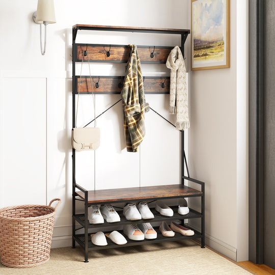 Coat Rack 4-In-1 Hall Tree with 11 Hanging Hooks Shoe Bench