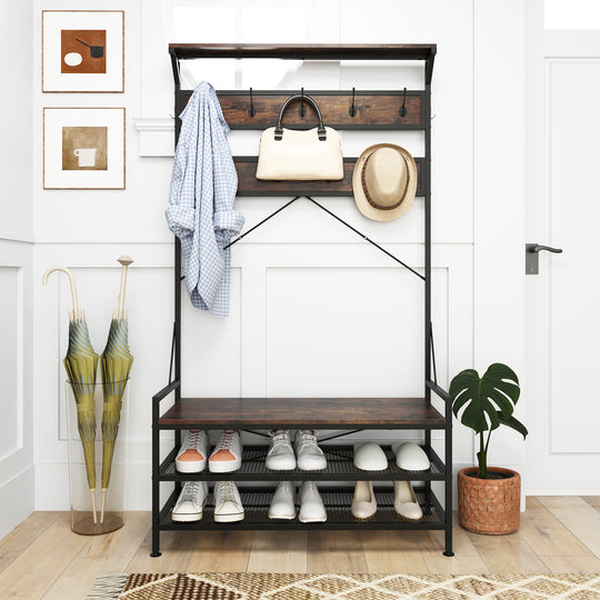 Coat Rack 4-In-1 Hall Tree with 11 Hanging Hooks Shoe Bench