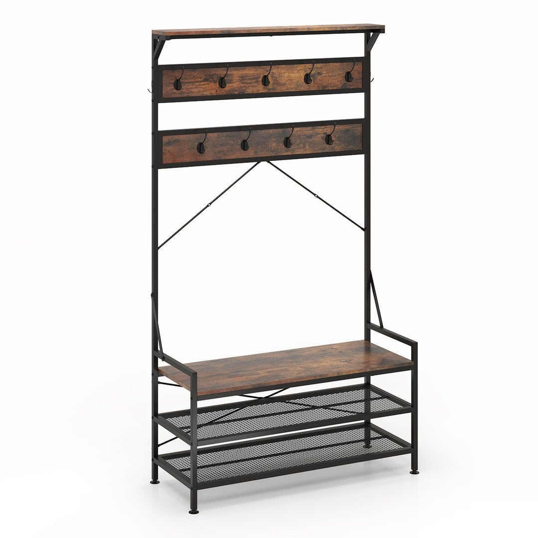 Coat Rack 4-In-1 Hall Tree with 11 Hanging Hooks Shoe Bench