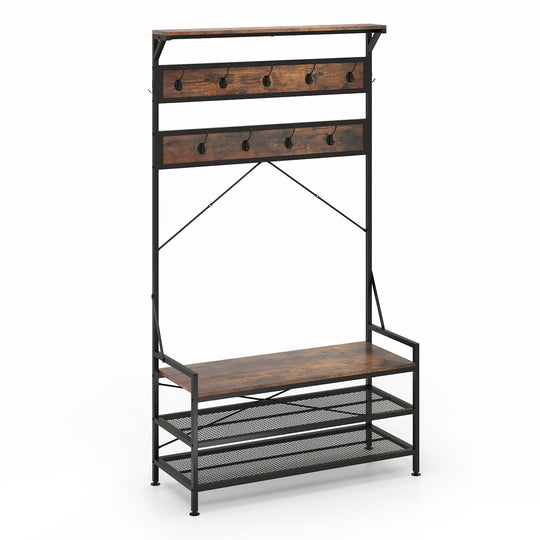 Coat Rack 4-In-1 Hall Tree with 11 Hanging Hooks Shoe Bench