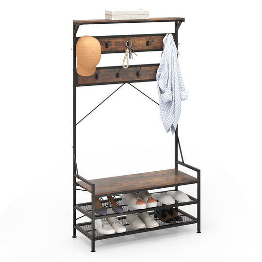 Coat Rack 4-In-1 Hall Tree with 11 Hanging Hooks Shoe Bench