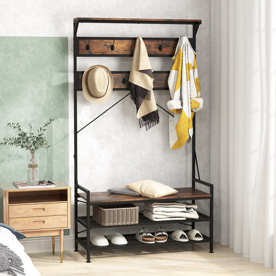 Coat Rack 4-In-1 Hall Tree with 11 Hanging Hooks Shoe Bench