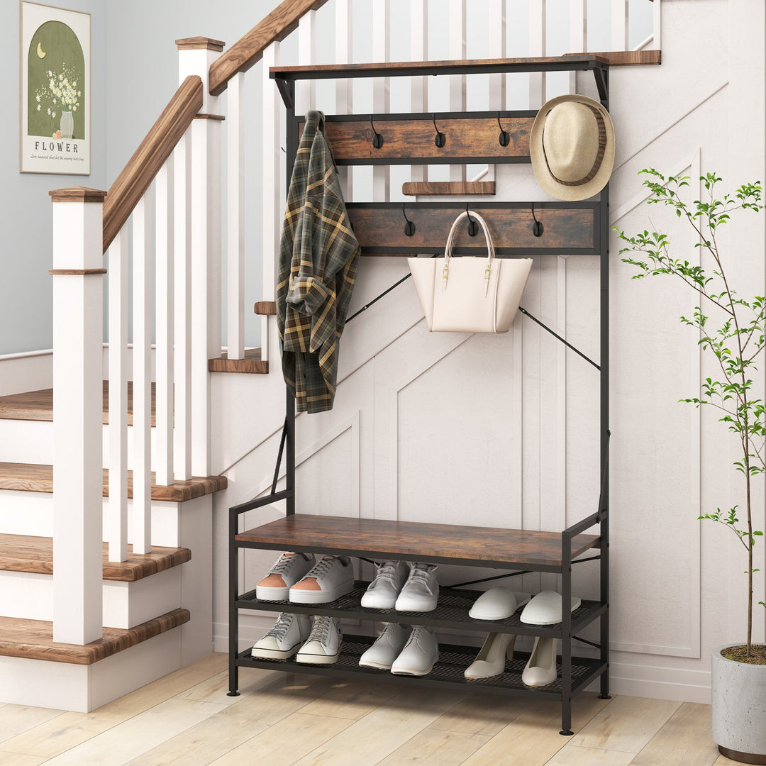 Coat Rack 4-In-1 Hall Tree with 11 Hanging Hooks Shoe Bench