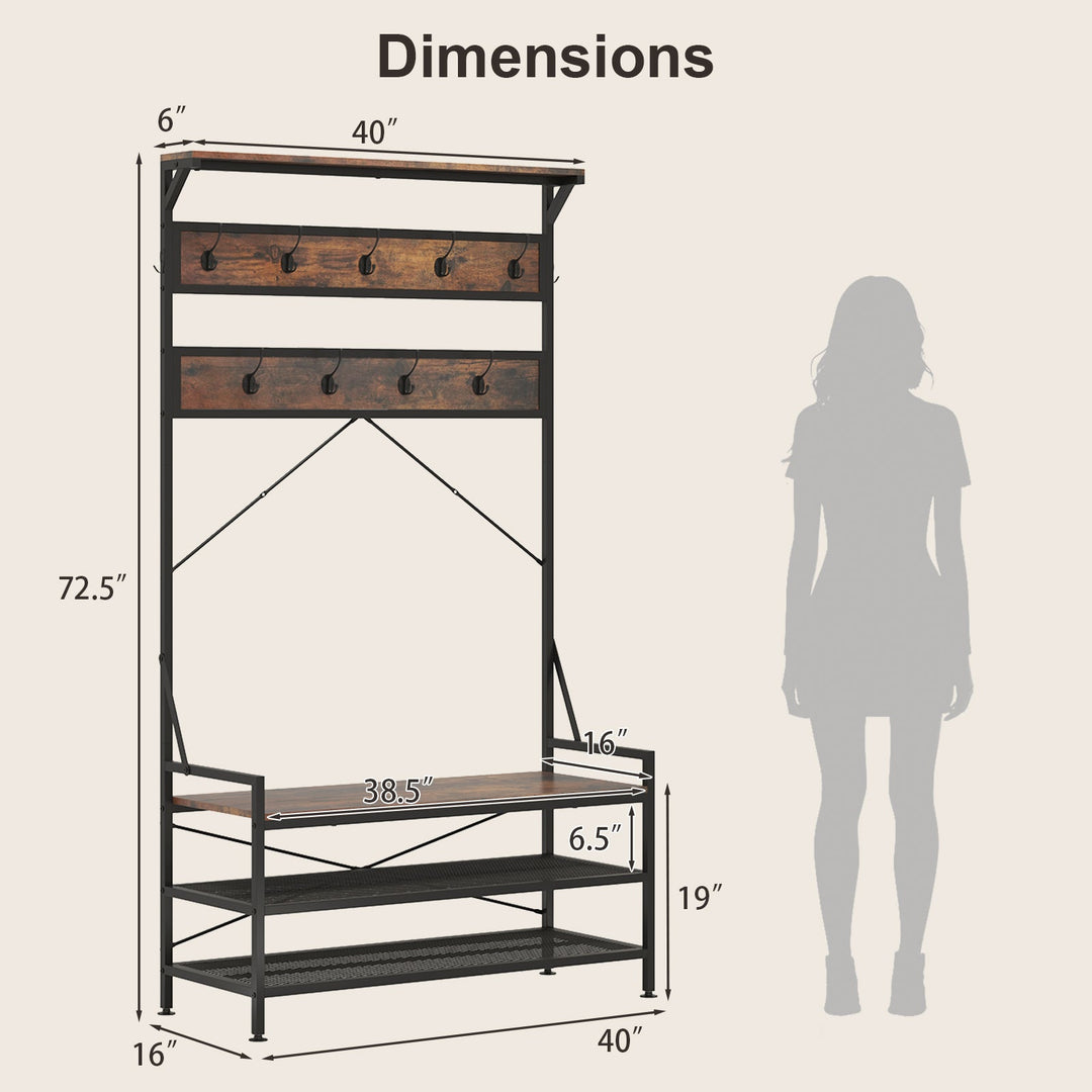 Coat Rack 4-In-1 Hall Tree with 11 Hanging Hooks Shoe Bench