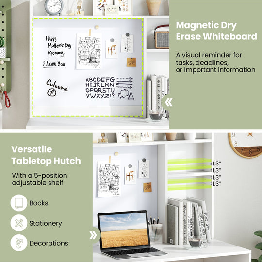 Compact Office Computer Desk with Hutch Magnetic Whiteboard-White