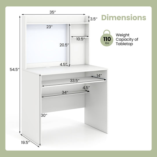 Compact Office Computer Desk with Hutch Magnetic Whiteboard-White