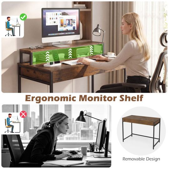 Compact Office Desk with Removable Monitor Shelf & Drawer