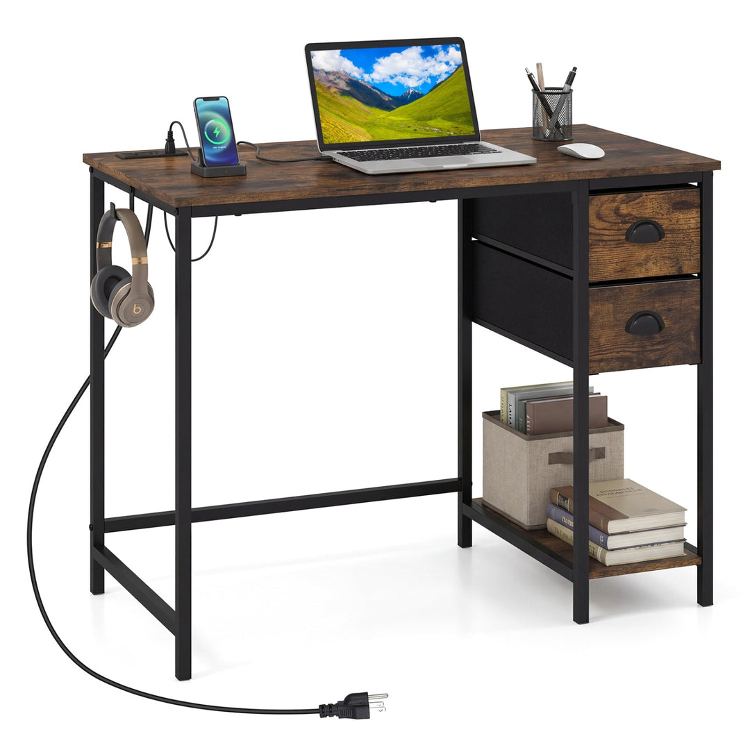 Computer Desk with Charging Station and 2 Fabric Drawers for Small Spaces