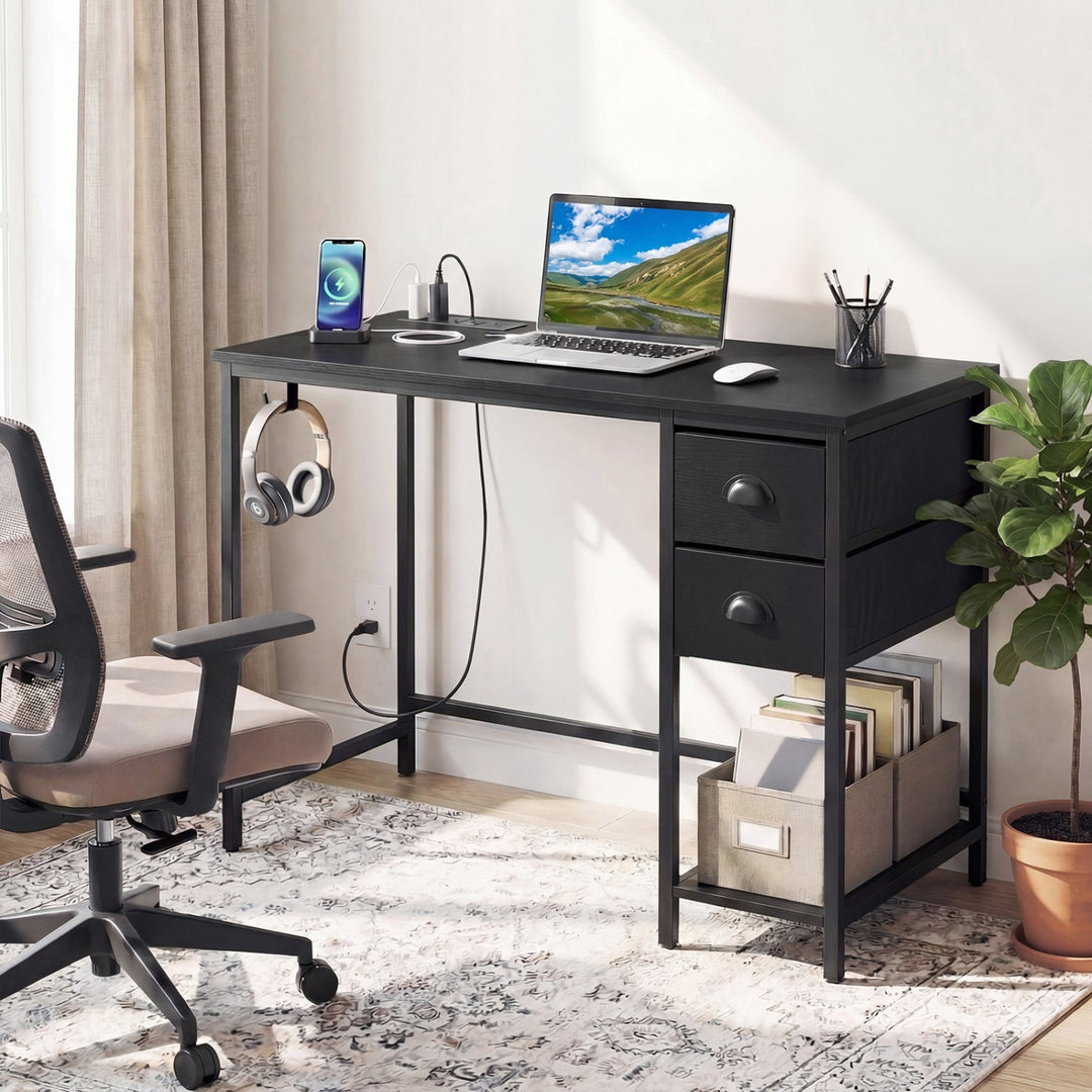 Computer Desk with Charging Station and 2 Fabric Drawers for Small Spaces