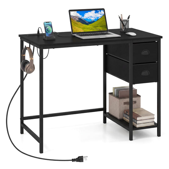 Computer Desk with Charging Station and 2 Fabric Drawers for Small Spaces