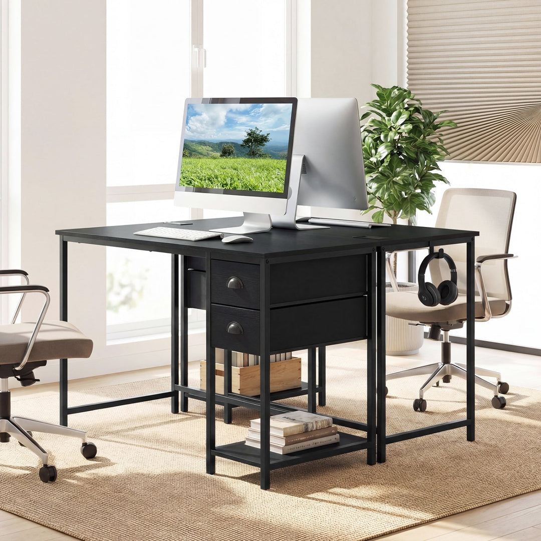 Computer Desk with Charging Station and 2 Fabric Drawers for Small Spaces