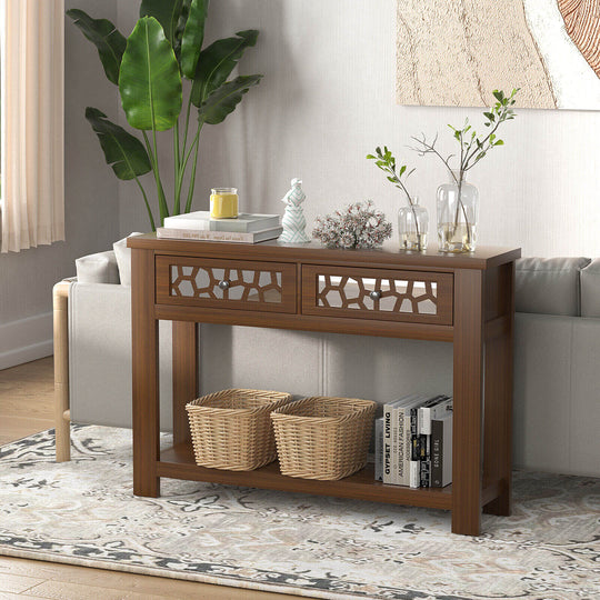 2-Tier Console Table with Drawers and Open Storage Shelf