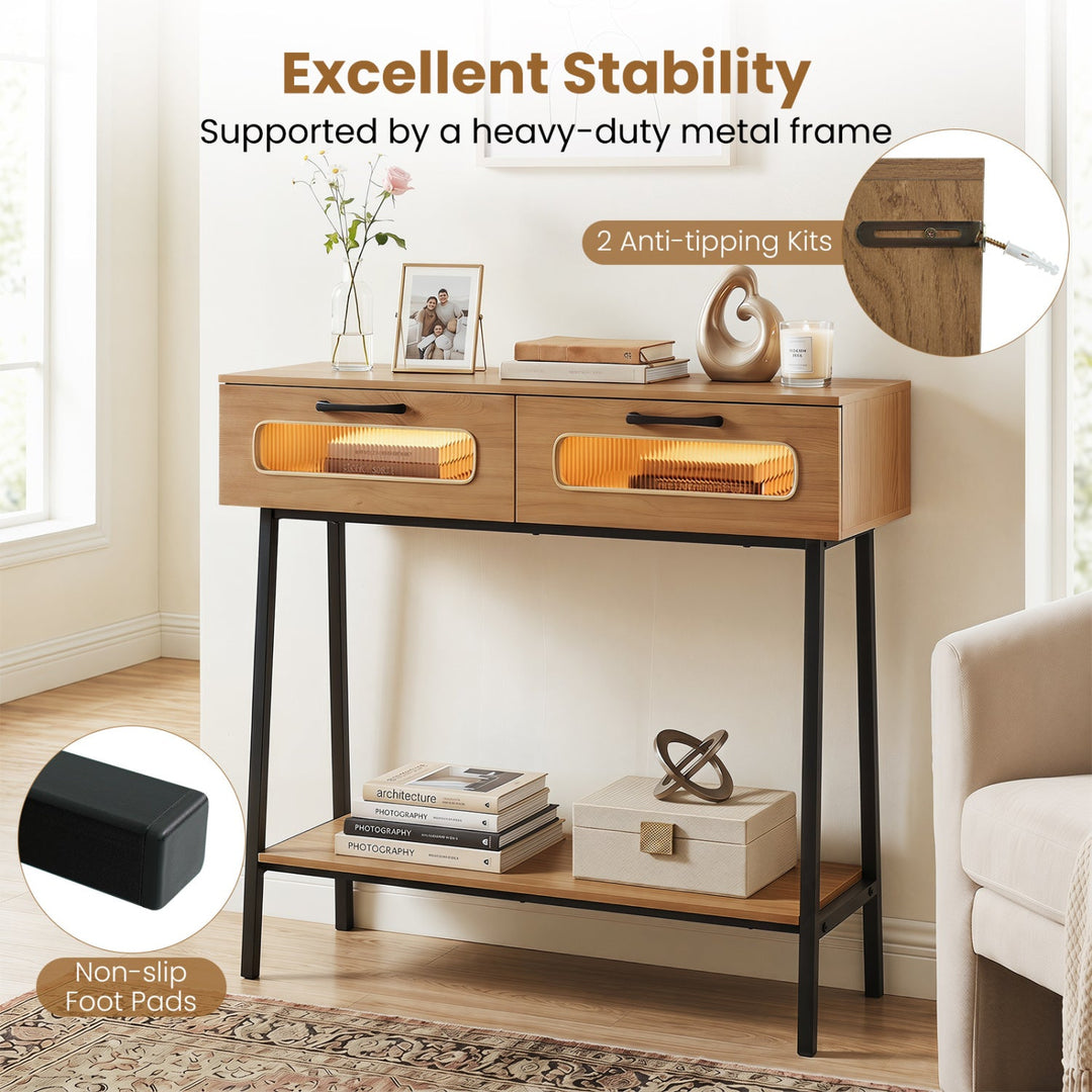 Console Table with LED Lights and Open Shelf - Natural