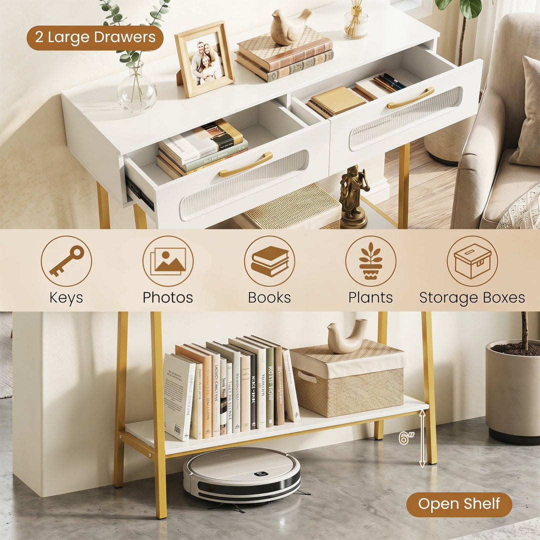 Console Table with LED Lights and Open Shelf - White & Gold