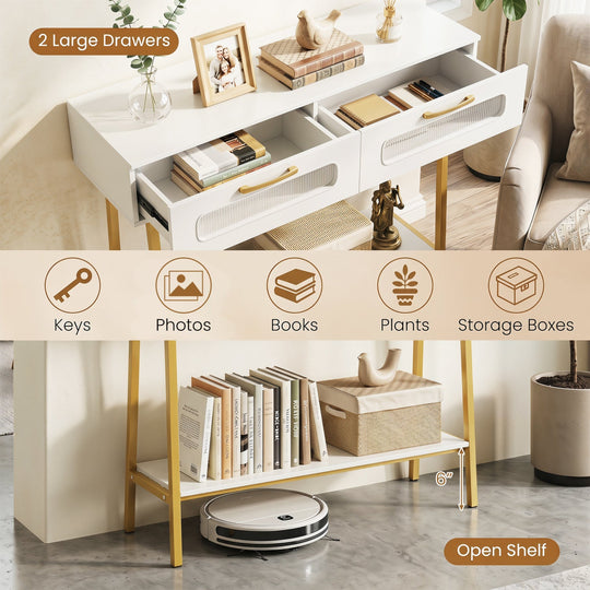 Console Table with LED Lights and Open Shelf - White & Gold