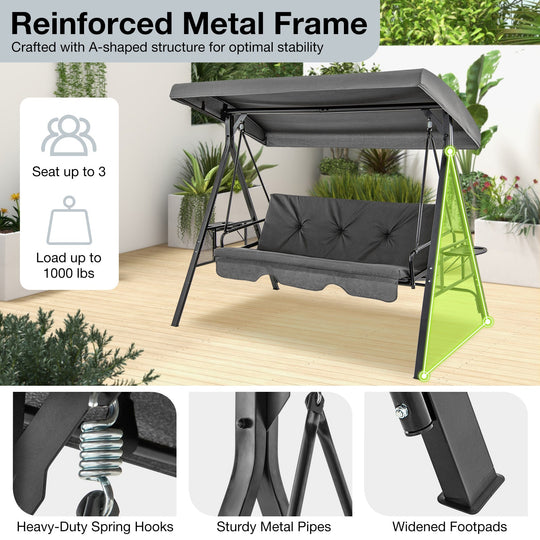 3-Seat Convertible Porch Swing with Adjustable Canopy