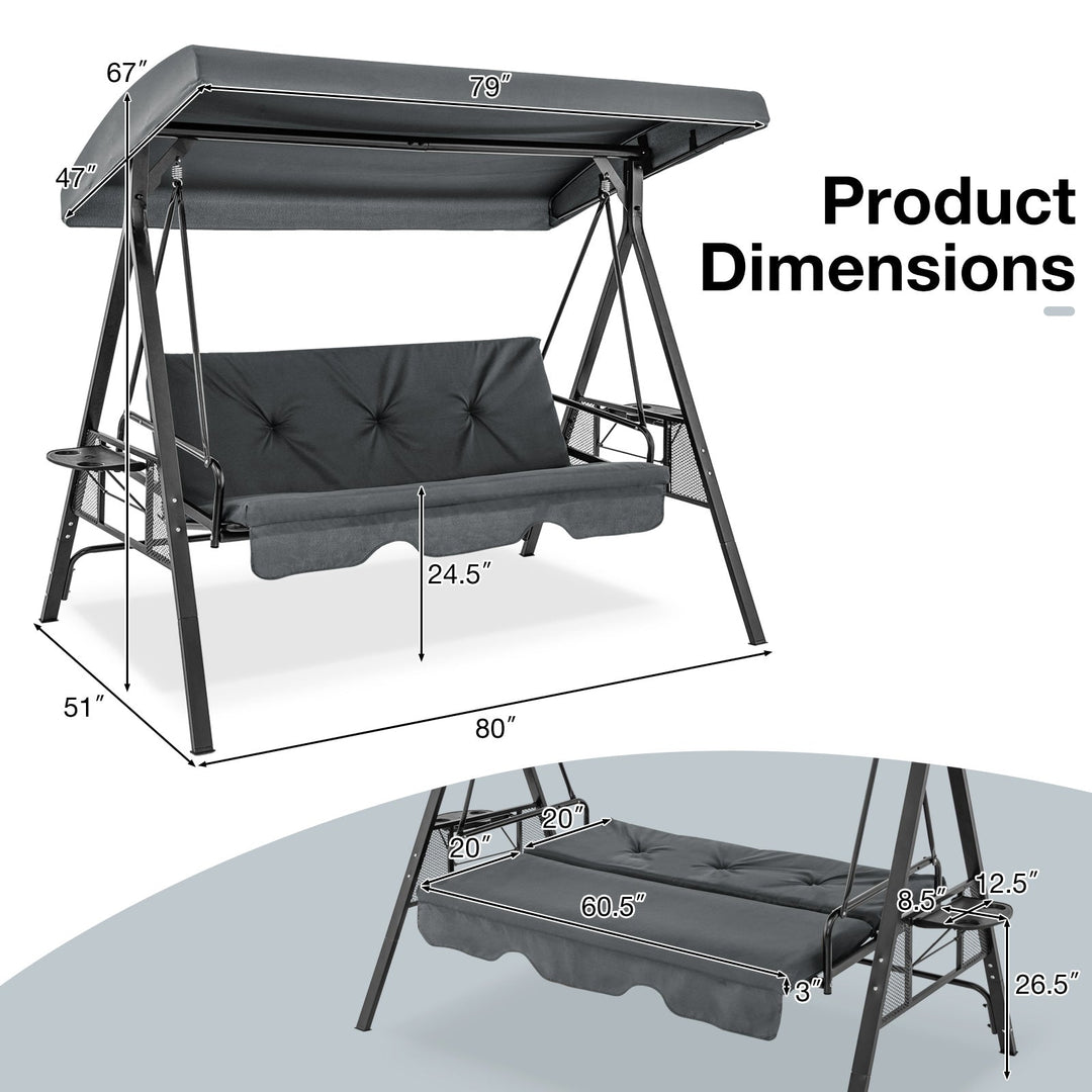 3-Seat Convertible Porch Swing with Adjustable Canopy