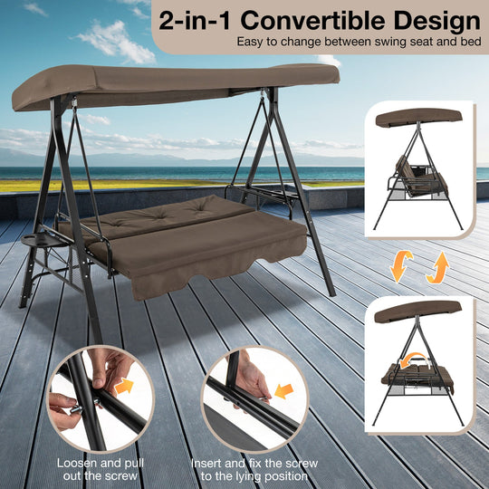 3-Seat Convertible Porch Swing with Adjustable Canopy