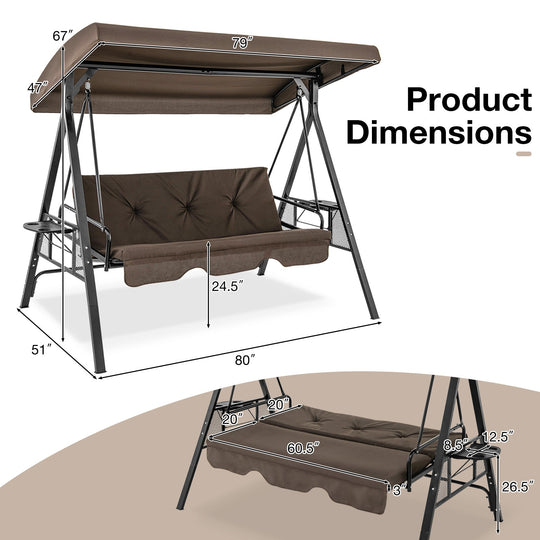 3-Seat Convertible Porch Swing with Adjustable Canopy