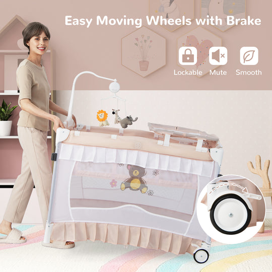 Convertible Bassinet with Removable Changing Table and Detachable Mesh Net-Pink