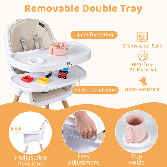 Convertible High Chair with 5-Point Harness - Beige