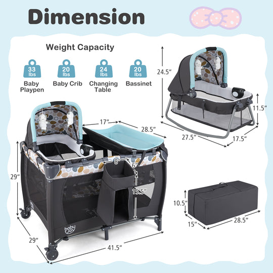 4-in-1 Convertible Portable Baby Playard Newborn Napper with Music and Toys-Blue