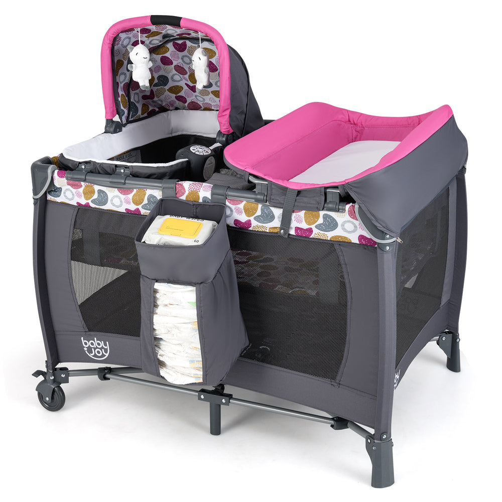 4-in-1 Convertible Portable Baby Playard Newborn Napper with Music and Toys-Pink