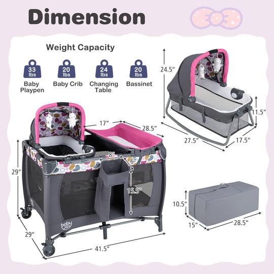 4-in-1 Convertible Portable Baby Playard Newborn Napper with Music and Toys-Pink