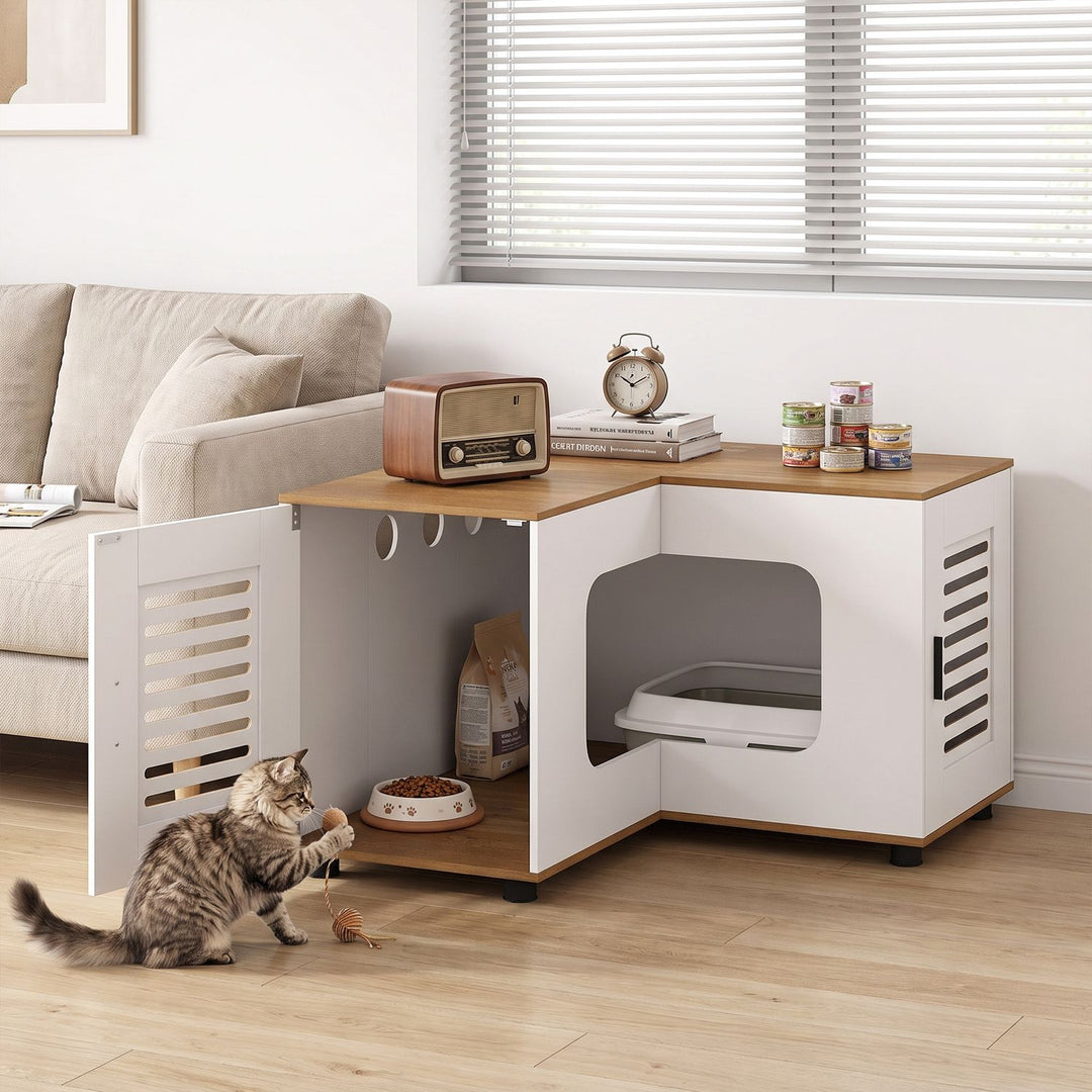 Corner Cat Litter Box Enclosure Hidden Litter Box Furniture with Dual Rooms-White