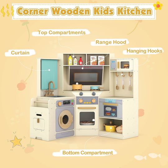 Corner Kitchen Toys with Lights and Sounds with Pull-out Trash Can and Stoves