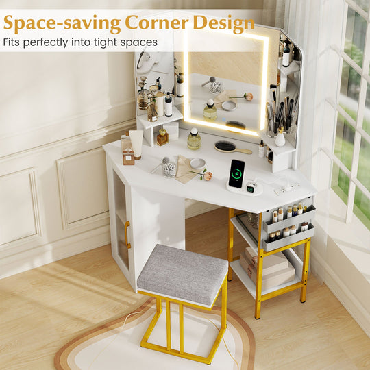 Corner Vanity Desk with Mirror and Lights Makeup Dressing Table with Triple Mirror-White